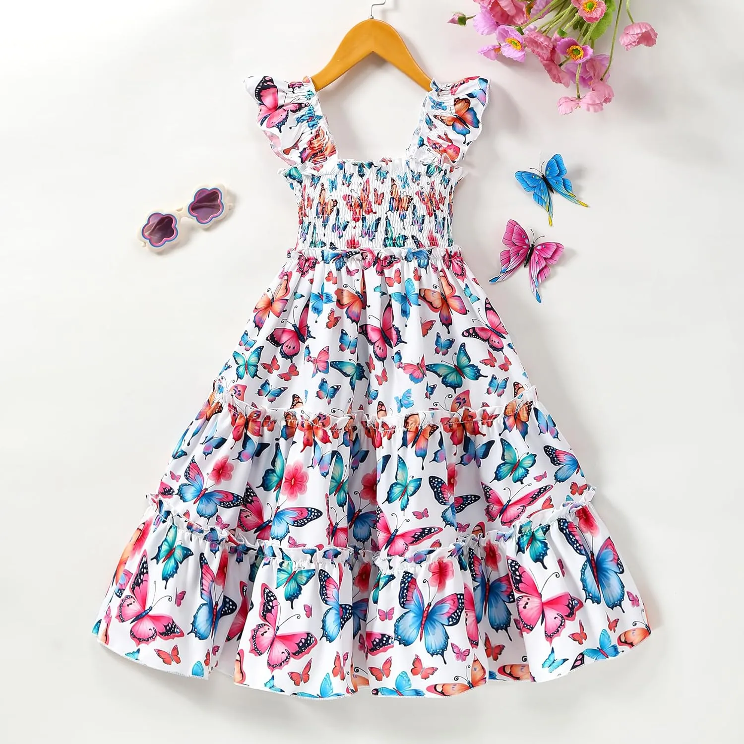 Little Girl Twirl Dress Kids Sleeveless Ruffle Tiered Smocked Dresses Girls Summer Outfits Beach Sundress