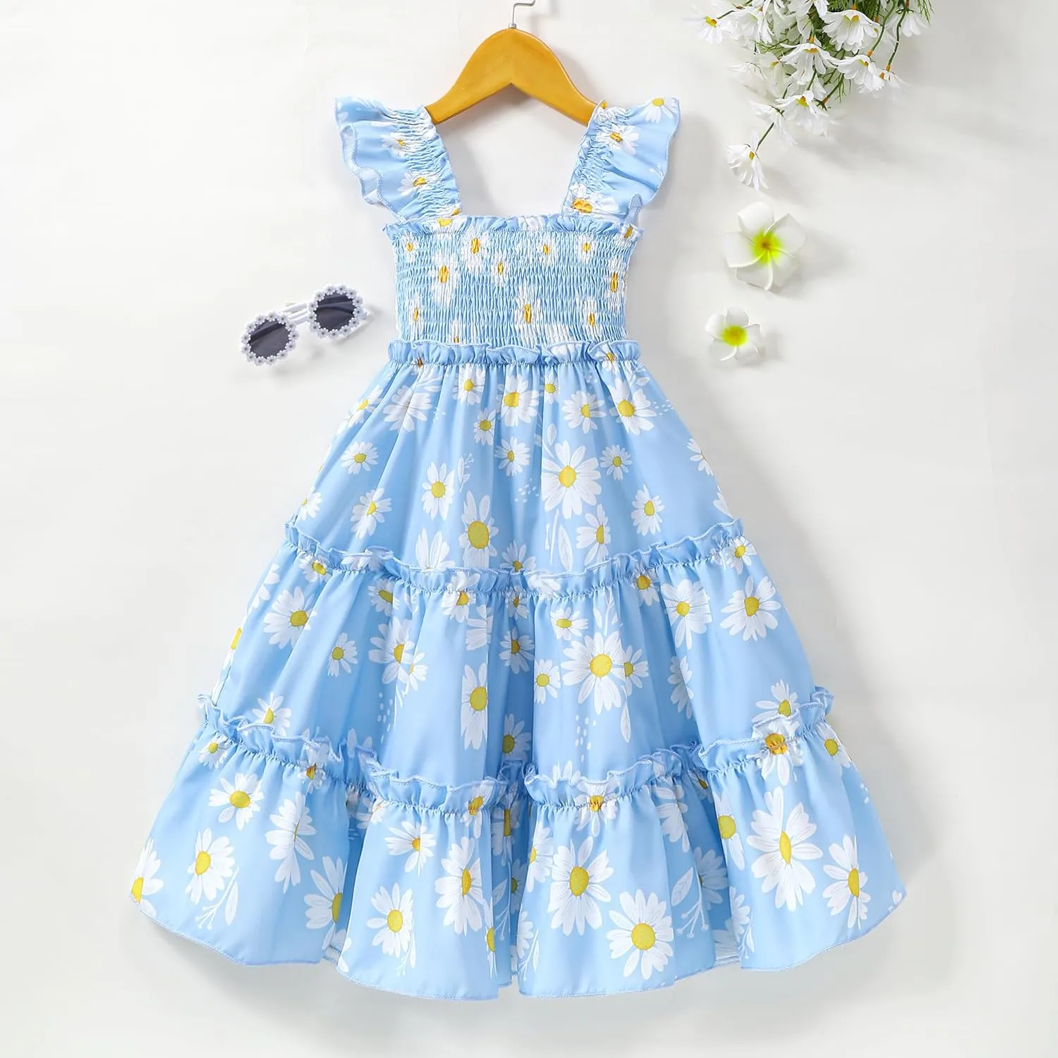 Little Girl Twirl Dress Kids Sleeveless Ruffle Tiered Smocked Dresses Girls Summer Outfits Beach Sundress