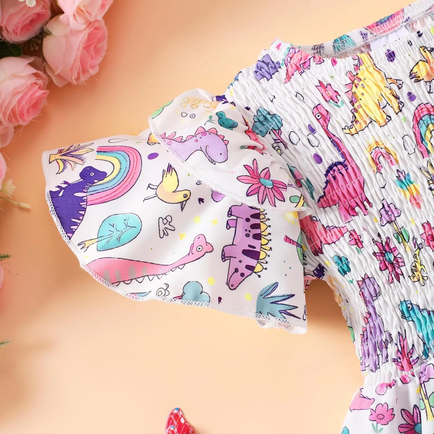 Little Girls Dress Ruffle Sleeve Floral Smocked Dresses Kids Casual Outfits Toddler Summer Tiered Boho Sundress 2-7T