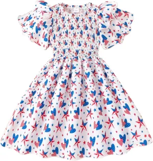 Little Girls Dress Ruffle Sleeve Floral Smocked Dresses Kids Casual Outfits Toddler Summer Tiered Boho Sundress 2-7T