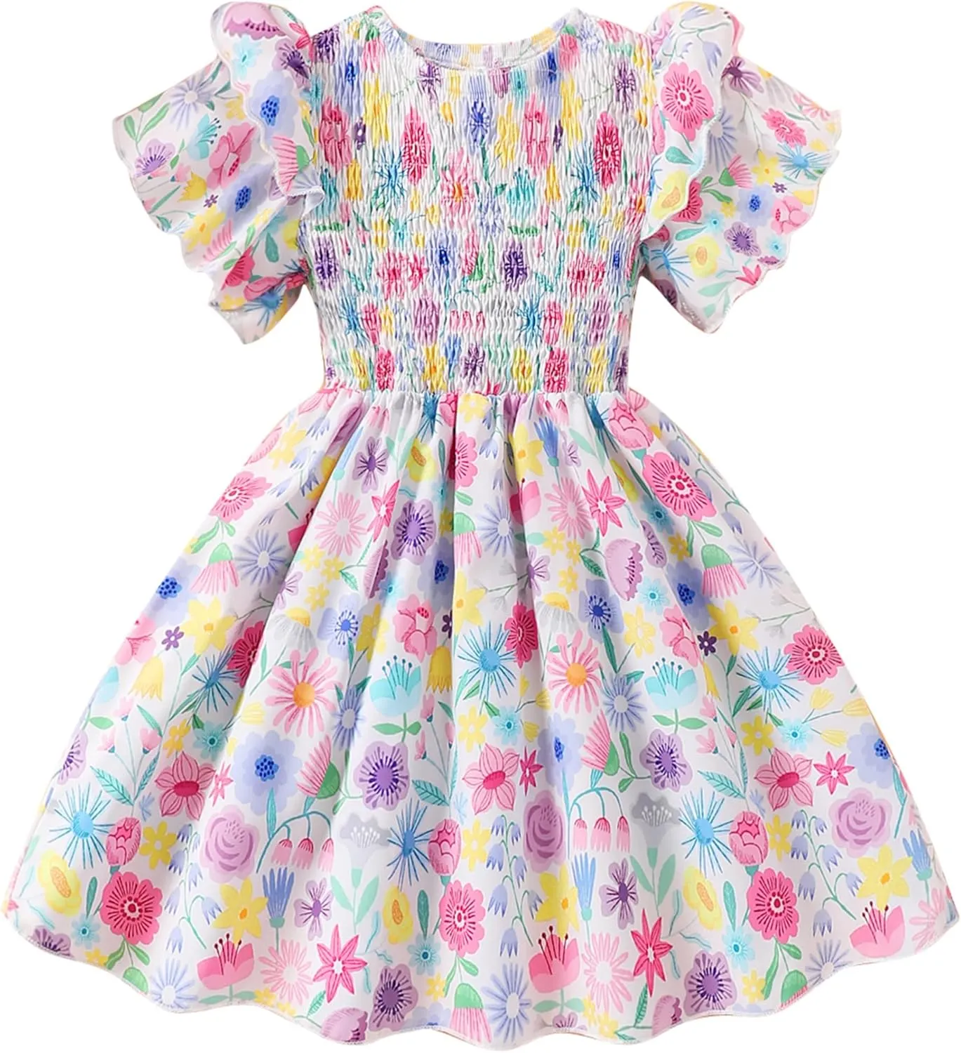 Little Girls Dress Ruffle Sleeve Floral Smocked Dresses Kids Casual Outfits Toddler Summer Tiered Boho Sundress 2-7T