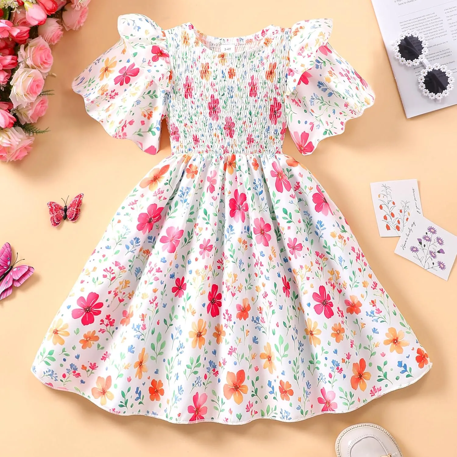 Little Girls Dress Ruffle Sleeve Floral Smocked Dresses Kids Casual Outfits Toddler Summer Tiered Boho Sundress 2-7T