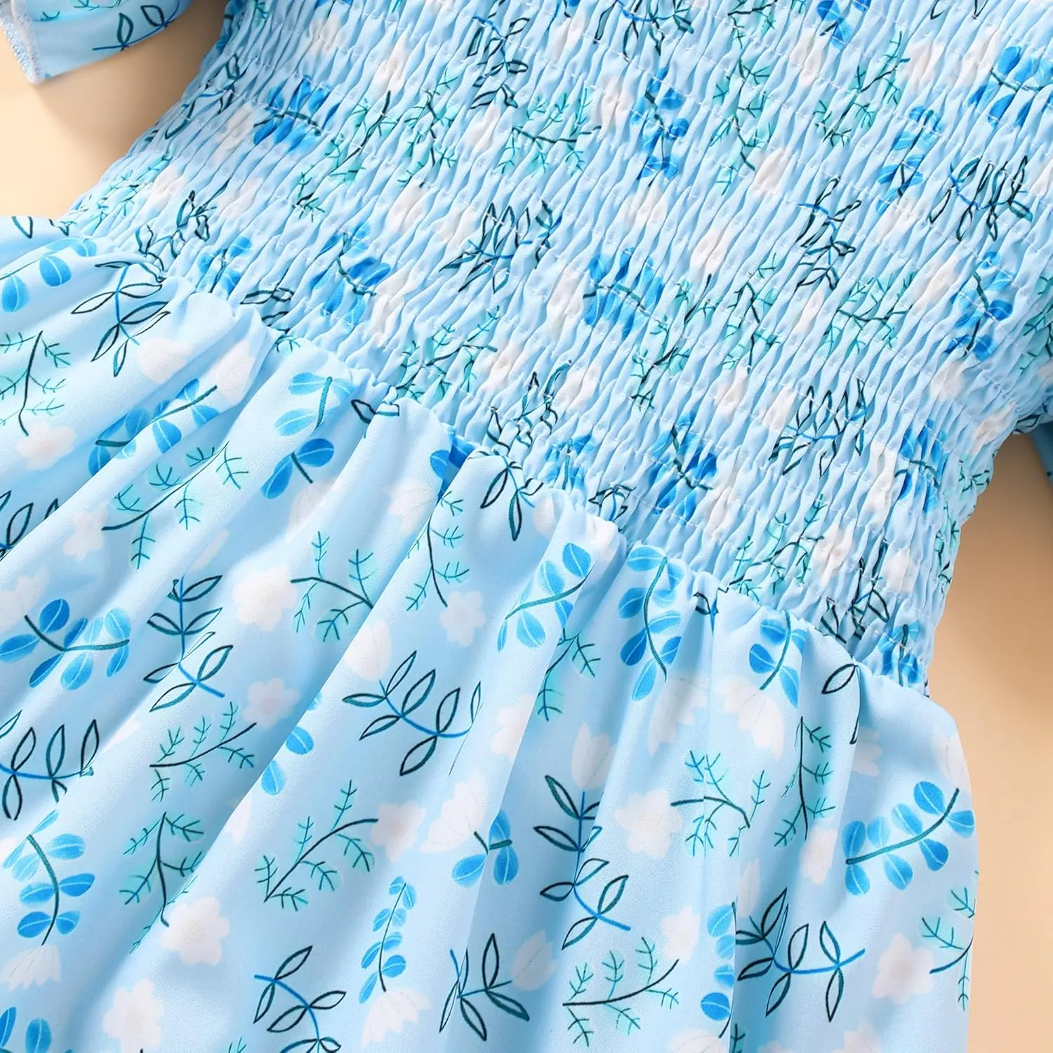 Little Girls Dress Ruffle Sleeve Floral Smocked Dresses Kids Casual Outfits Toddler Summer Tiered Boho Sundress 2-7T