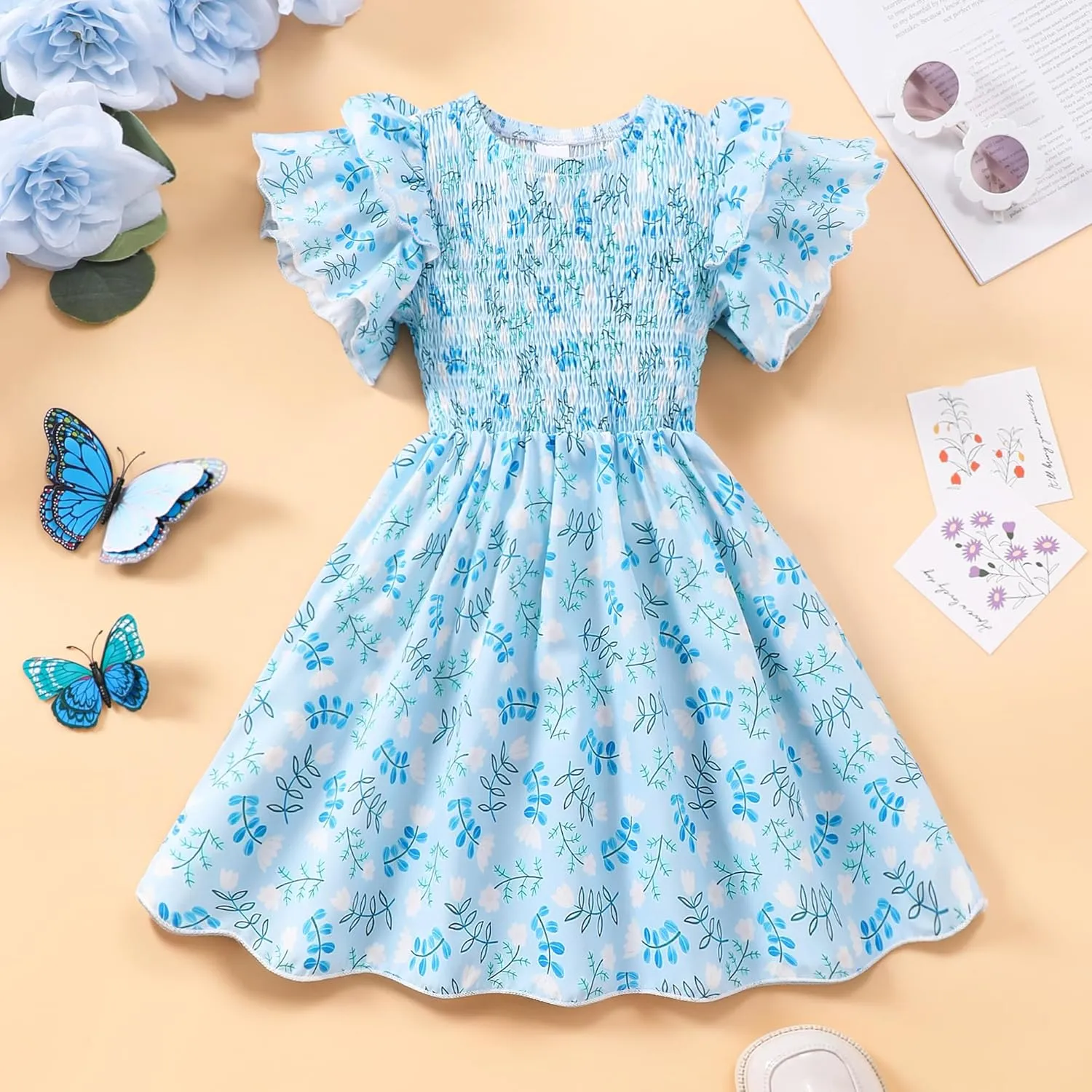 Little Girls Dress Ruffle Sleeve Floral Smocked Dresses Kids Casual Outfits Toddler Summer Tiered Boho Sundress 2-7T
