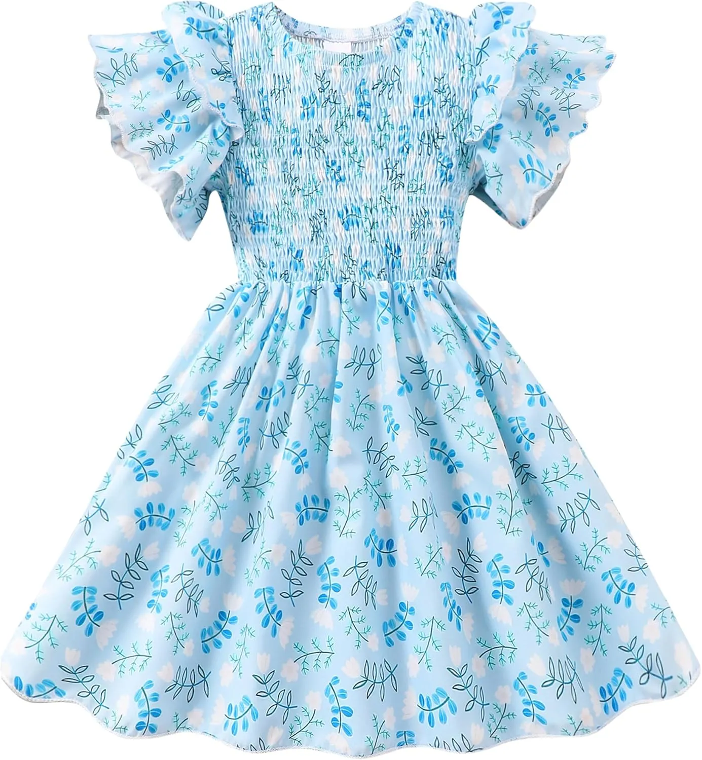 Little Girls Dress Ruffle Sleeve Floral Smocked Dresses Kids Casual Outfits Toddler Summer Tiered Boho Sundress 2-7T