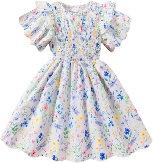 Little Girls Dress Ruffle Sleeve Floral Smocked Dresses Kids Casual Outfits Toddler Summer Tiered Boho Sundress 2-7T