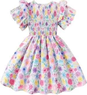 Little Girls Dress Ruffle Sleeve Floral Smocked Dresses Kids Casual Outfits Toddler Summer Tiered Boho Sundress 2-7T