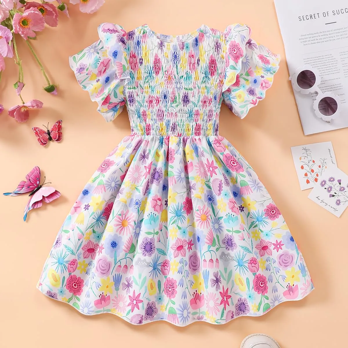 Little Girls Dress Ruffle Sleeve Floral Smocked Dresses Kids Casual Outfits Toddler Summer Tiered Boho Sundress 2-7T