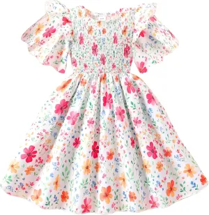 Little Girls Dress Ruffle Sleeve Floral Smocked Dresses Kids Casual Outfits Toddler Summer Tiered Boho Sundress 2-7T
