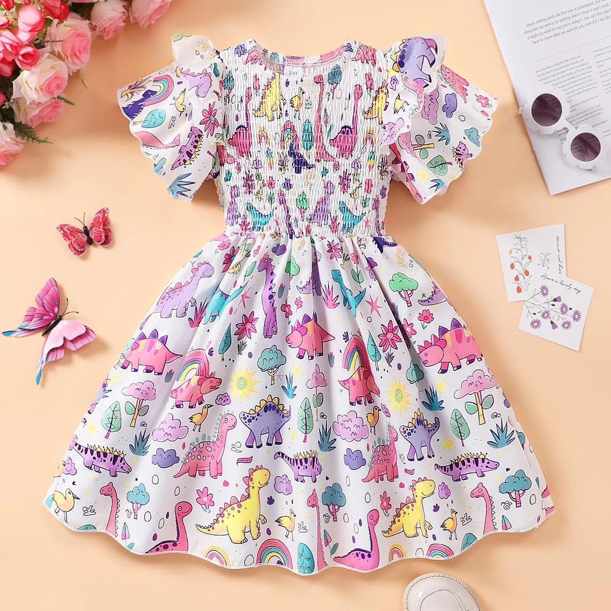 Little Girls Dress Ruffle Sleeve Floral Smocked Dresses Kids Casual Outfits Toddler Summer Tiered Boho Sundress 2-7T
