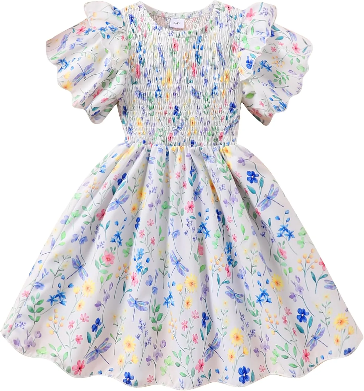 Little Girls Dress Ruffle Sleeve Floral Smocked Dresses Kids Casual Outfits Toddler Summer Tiered Boho Sundress 2-7T