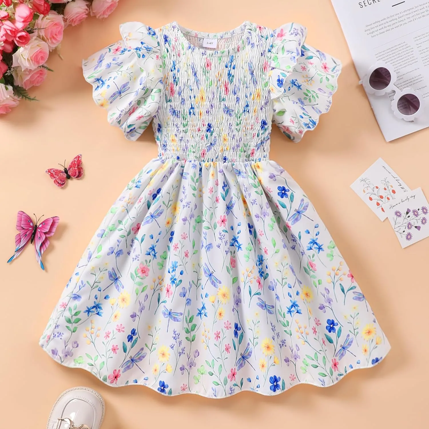 Little Girls Dress Ruffle Sleeve Floral Smocked Dresses Kids Casual Outfits Toddler Summer Tiered Boho Sundress 2-7T