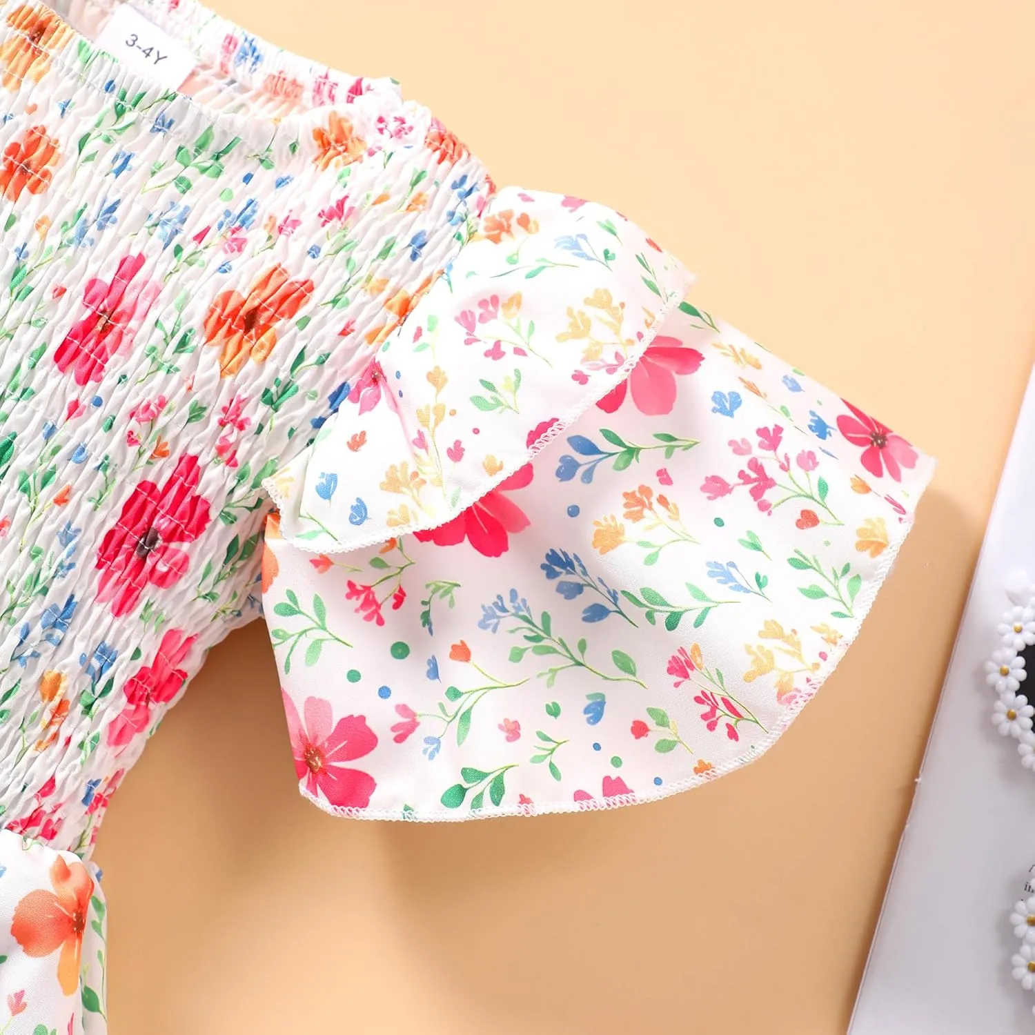 Little Girls Dress Ruffle Sleeve Floral Smocked Dresses Kids Casual Outfits Toddler Summer Tiered Boho Sundress 2-7T