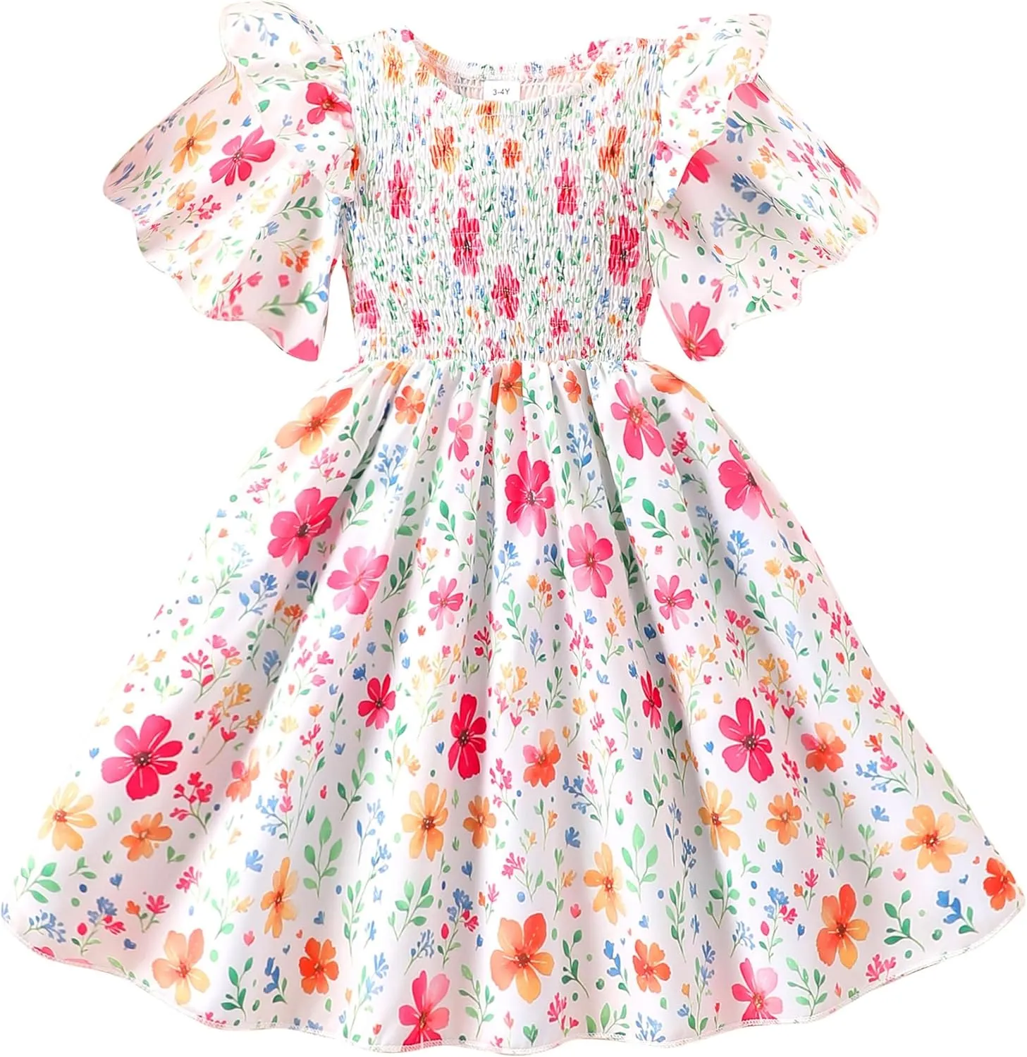 Little Girls Dress Ruffle Sleeve Floral Smocked Dresses Kids Casual Outfits Toddler Summer Tiered Boho Sundress 2-7T