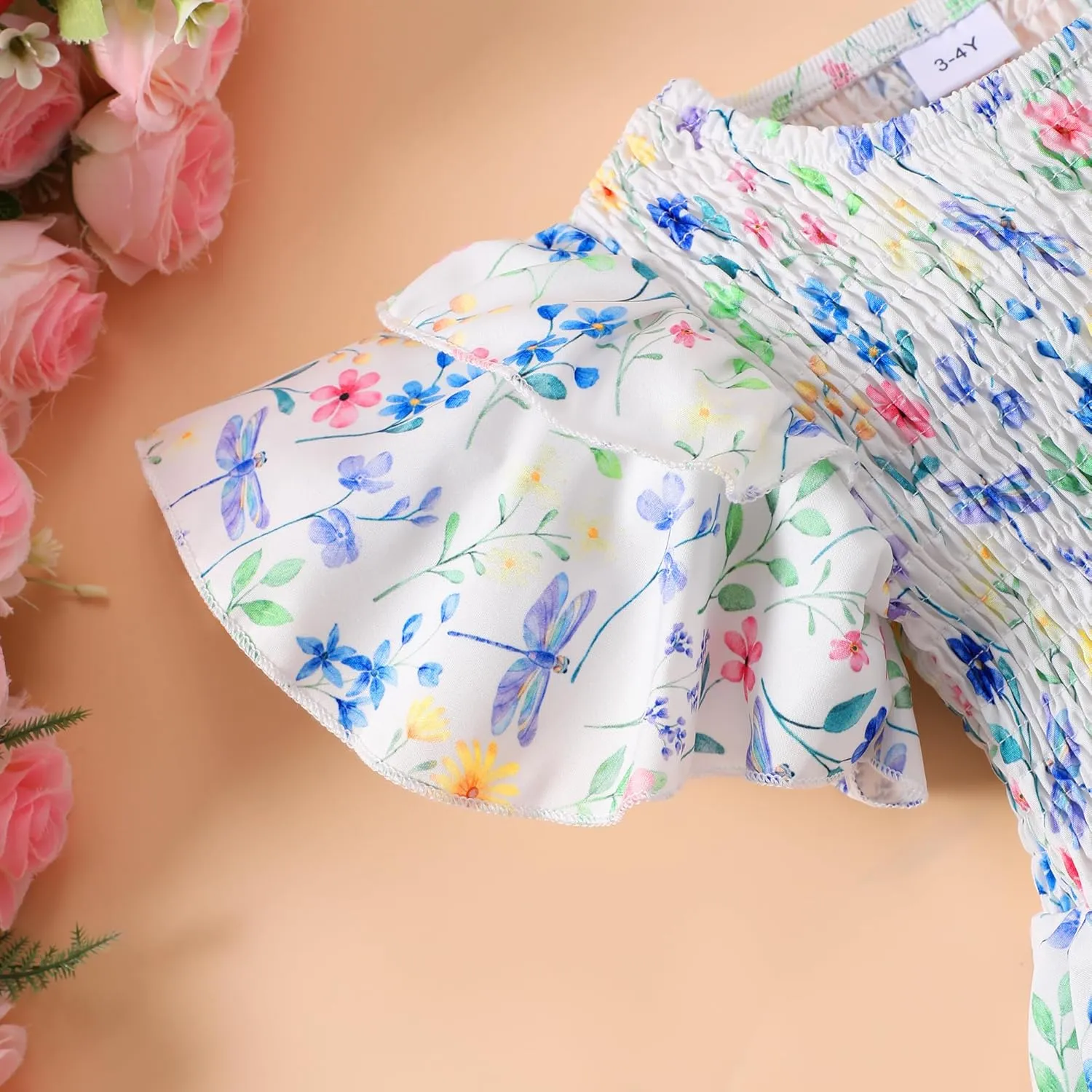Little Girls Dress Ruffle Sleeve Floral Smocked Dresses Kids Casual Outfits Toddler Summer Tiered Boho Sundress 2-7T