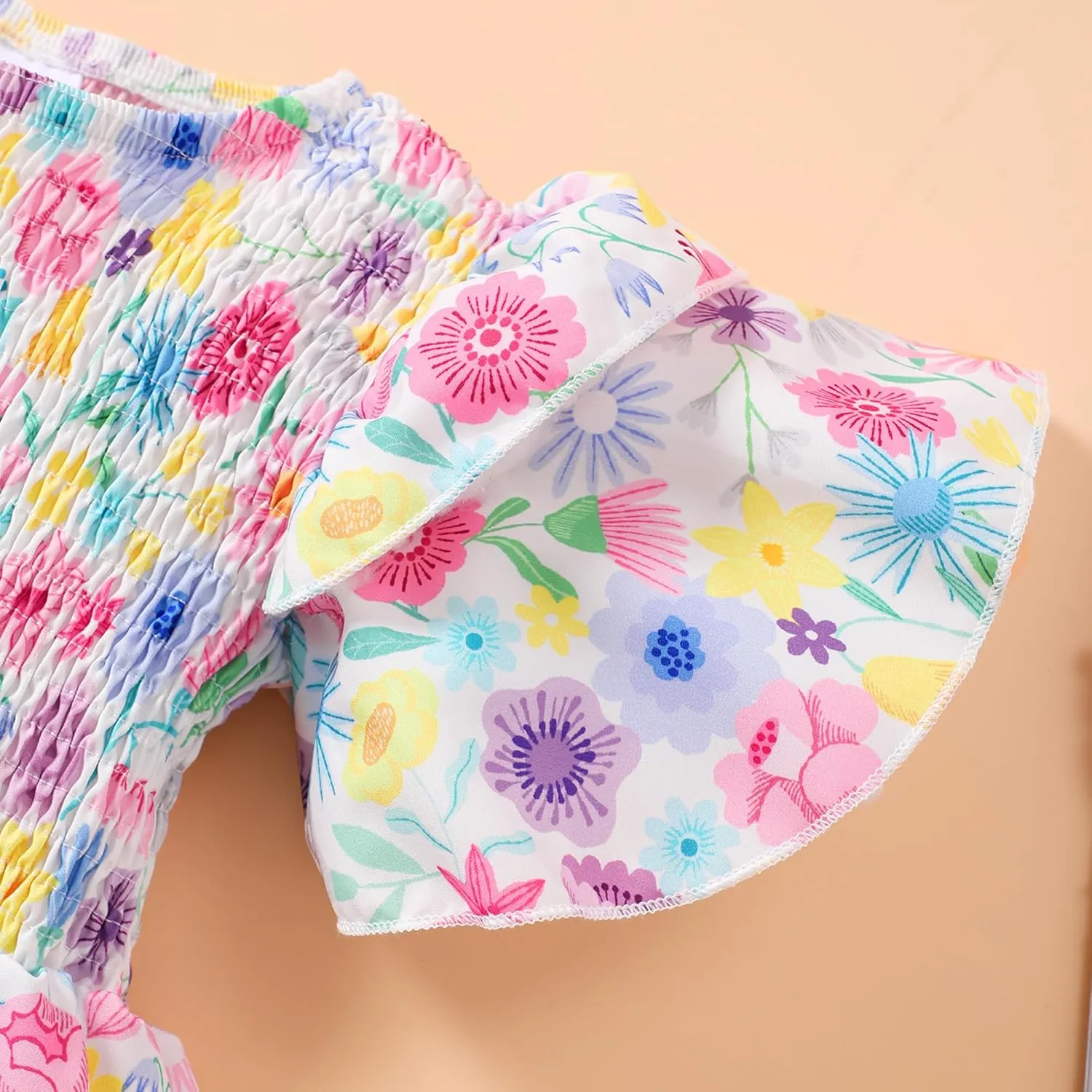 Little Girls Dress Ruffle Sleeve Floral Smocked Dresses Kids Casual Outfits Toddler Summer Tiered Boho Sundress 2-7T