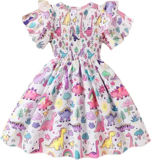 Little Girls Dress Ruffle Sleeve Floral Smocked Dresses Kids Casual Outfits Toddler Summer Tiered Boho Sundress 2-7T
