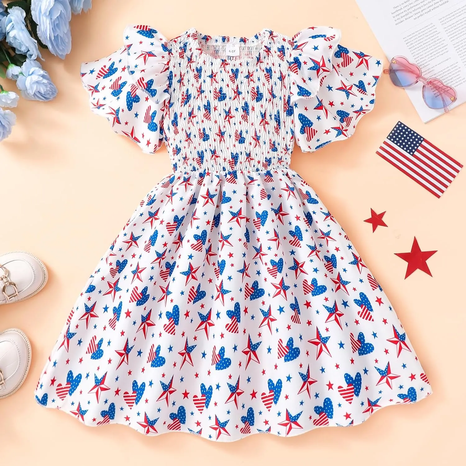 Little Girls Dress Ruffle Sleeve Floral Smocked Dresses Kids Casual Outfits Toddler Summer Tiered Boho Sundress 2-7T