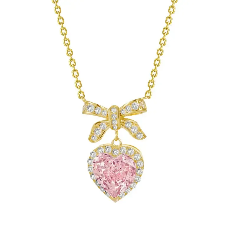 LOVCIA Gold Plated Sterling Silver Heart & Bow Pendant Necklace for Women with Sparkling Pink & Clear Gemstones