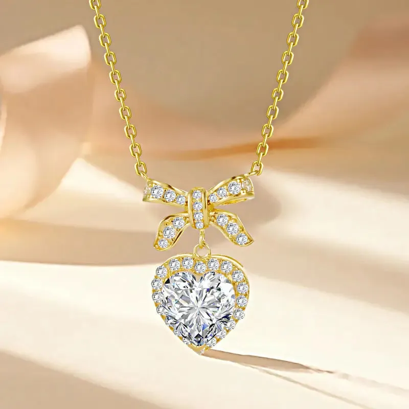LOVCIA Gold Plated Sterling Silver Heart & Bow Pendant Necklace for Women with Sparkling Pink & Clear Gemstones