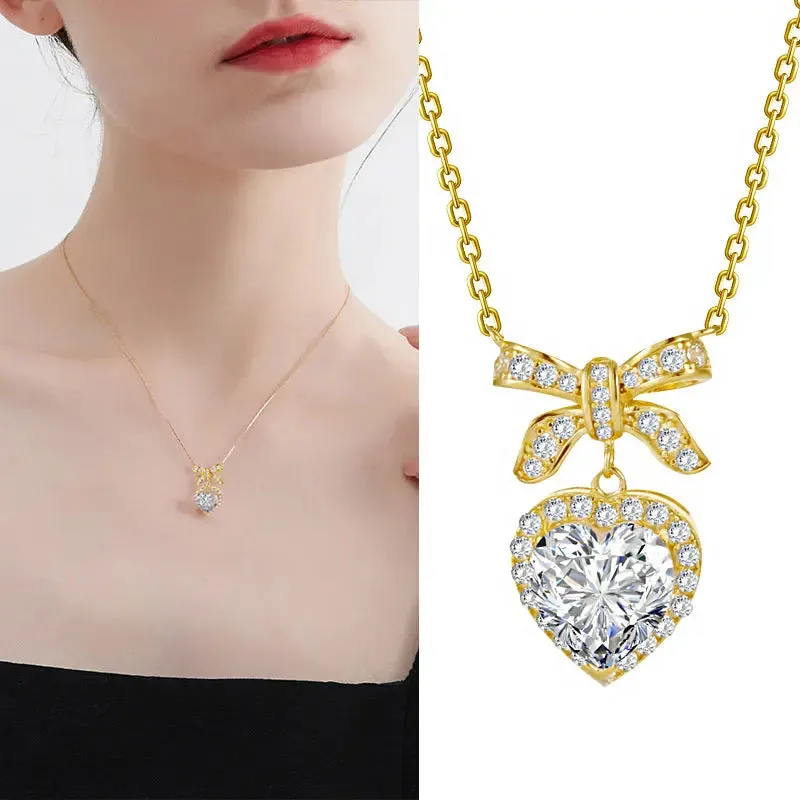 LOVCIA Gold Plated Sterling Silver Heart & Bow Pendant Necklace for Women with Sparkling Pink & Clear Gemstones