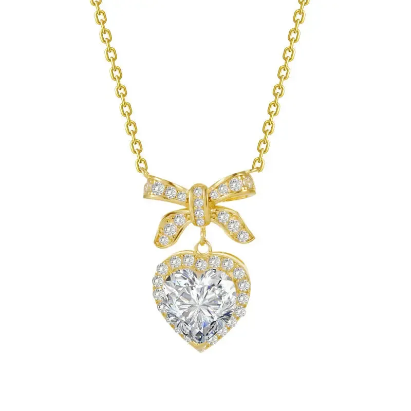LOVCIA Gold Plated Sterling Silver Heart & Bow Pendant Necklace for Women with Sparkling Pink & Clear Gemstones