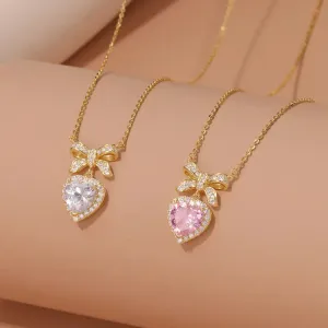 LOVCIA Gold Plated Sterling Silver Heart & Bow Pendant Necklace for Women with Sparkling Pink & Clear Gemstones