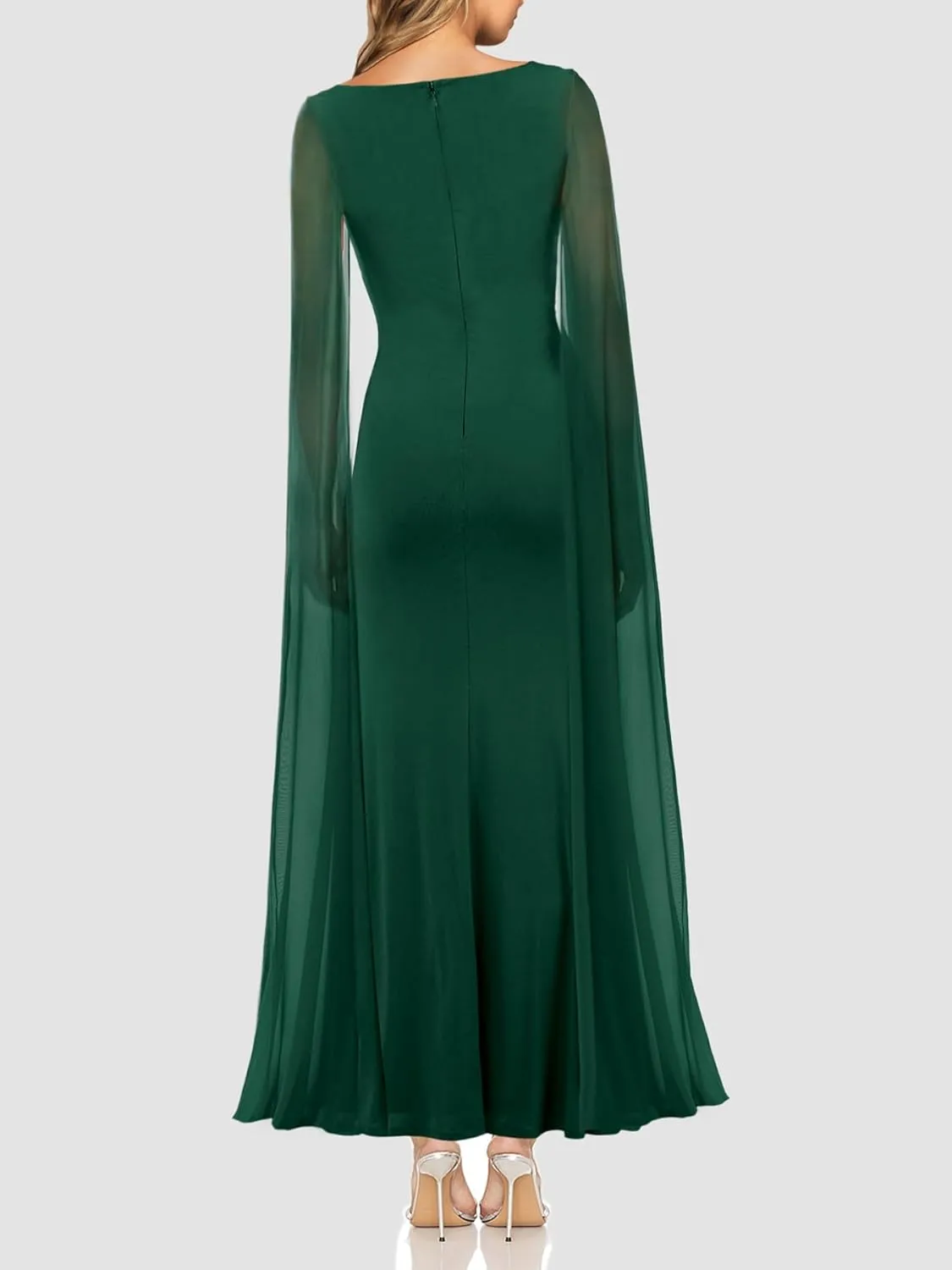 Lrady Women's Formal Evening Gowns High Split Ruffle Wedding Guest Cape Sleeve Cocktail Party Maxi Dresses