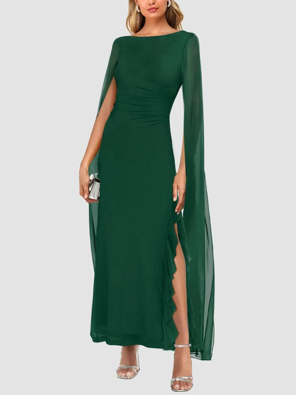 Lrady Women's Formal Evening Gowns High Split Ruffle Wedding Guest Cape Sleeve Cocktail Party Maxi Dresses