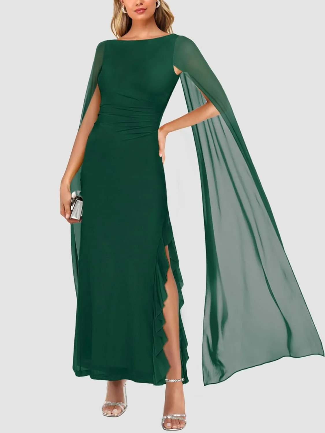 Lrady Women's Formal Evening Gowns High Split Ruffle Wedding Guest Cape Sleeve Cocktail Party Maxi Dresses