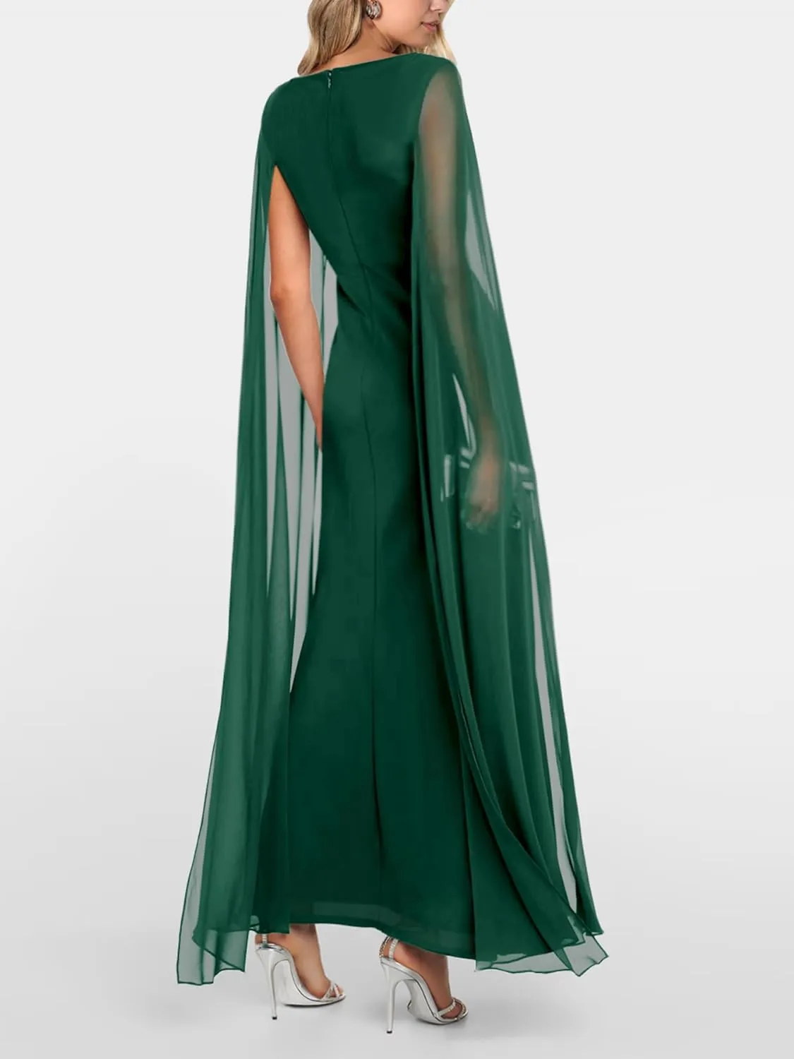 Lrady Women's Formal Evening Gowns High Split Ruffle Wedding Guest Cape Sleeve Cocktail Party Maxi Dresses