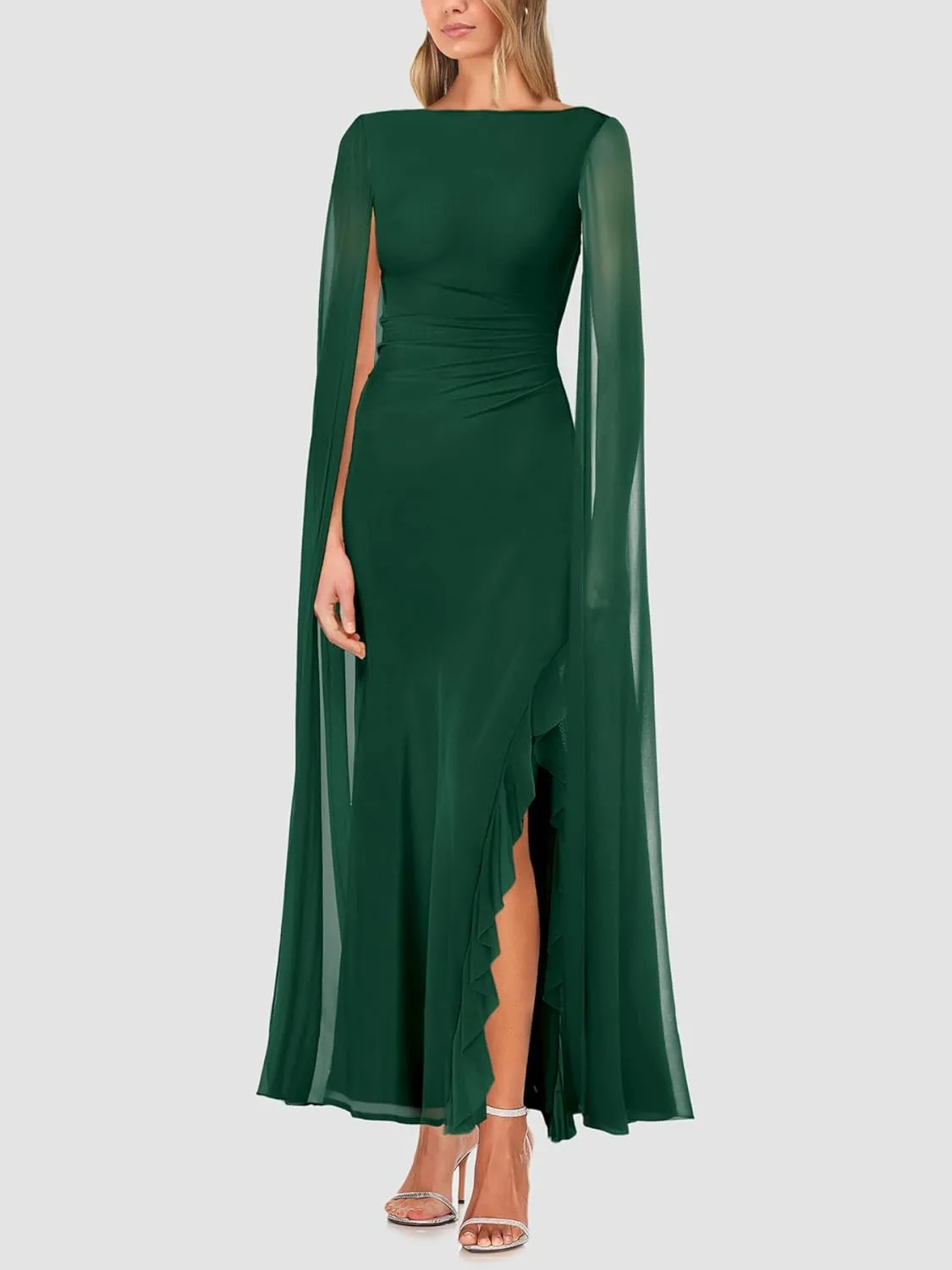 Lrady Women's Formal Evening Gowns High Split Ruffle Wedding Guest Cape Sleeve Cocktail Party Maxi Dresses