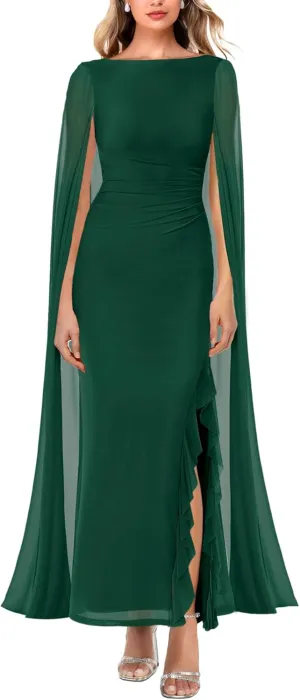 Lrady Women's Formal Evening Gowns High Split Ruffle Wedding Guest Cape Sleeve Cocktail Party Maxi Dresses