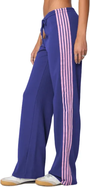 Luckinbaby Women Side Striped Track Pants Elastic Waist Wide Leg Sweatpants Contrast Stripes Drawstring Baggy Joggers