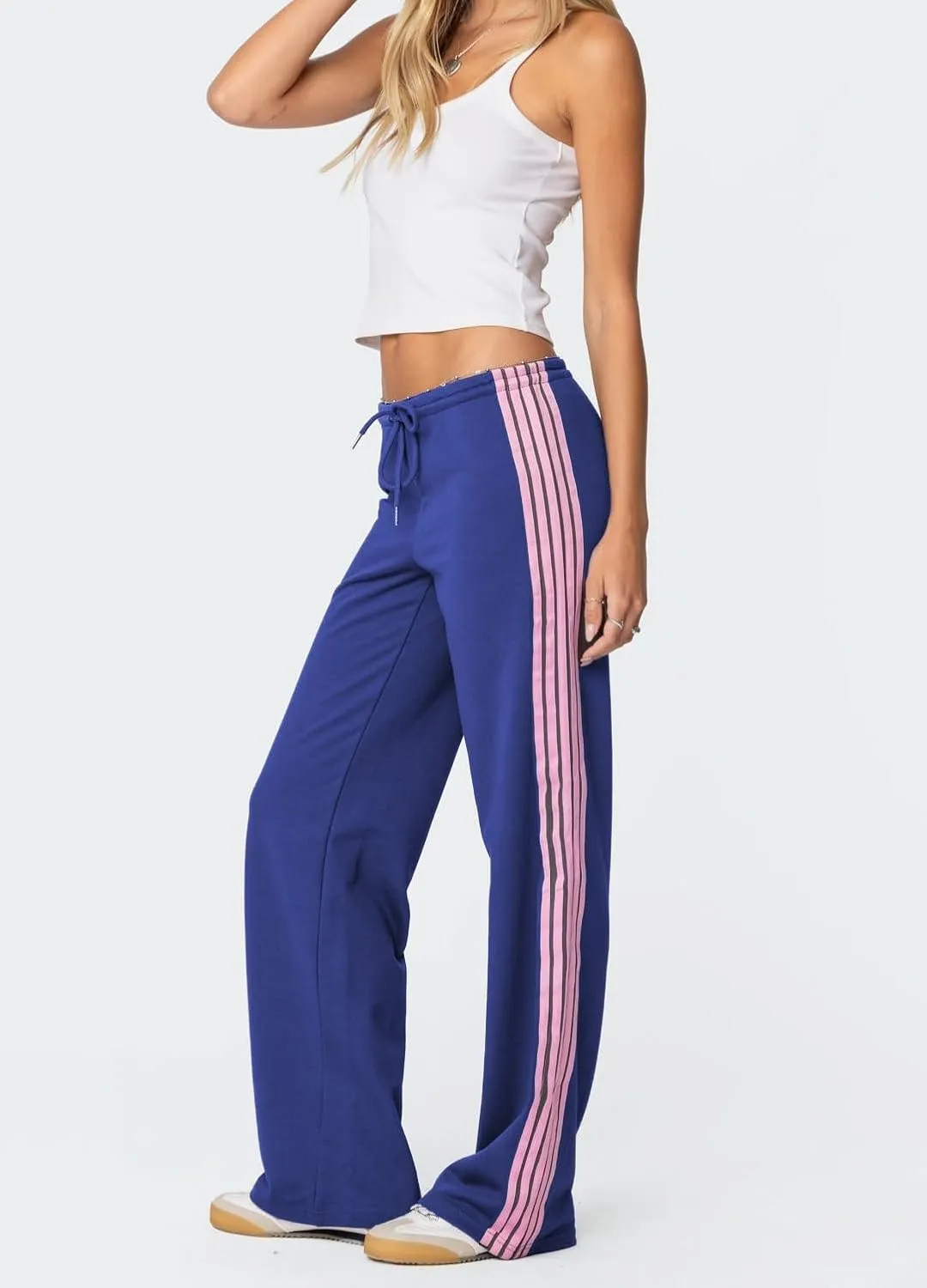 Luckinbaby Women Side Striped Track Pants Elastic Waist Wide Leg Sweatpants Contrast Stripes Drawstring Baggy Joggers