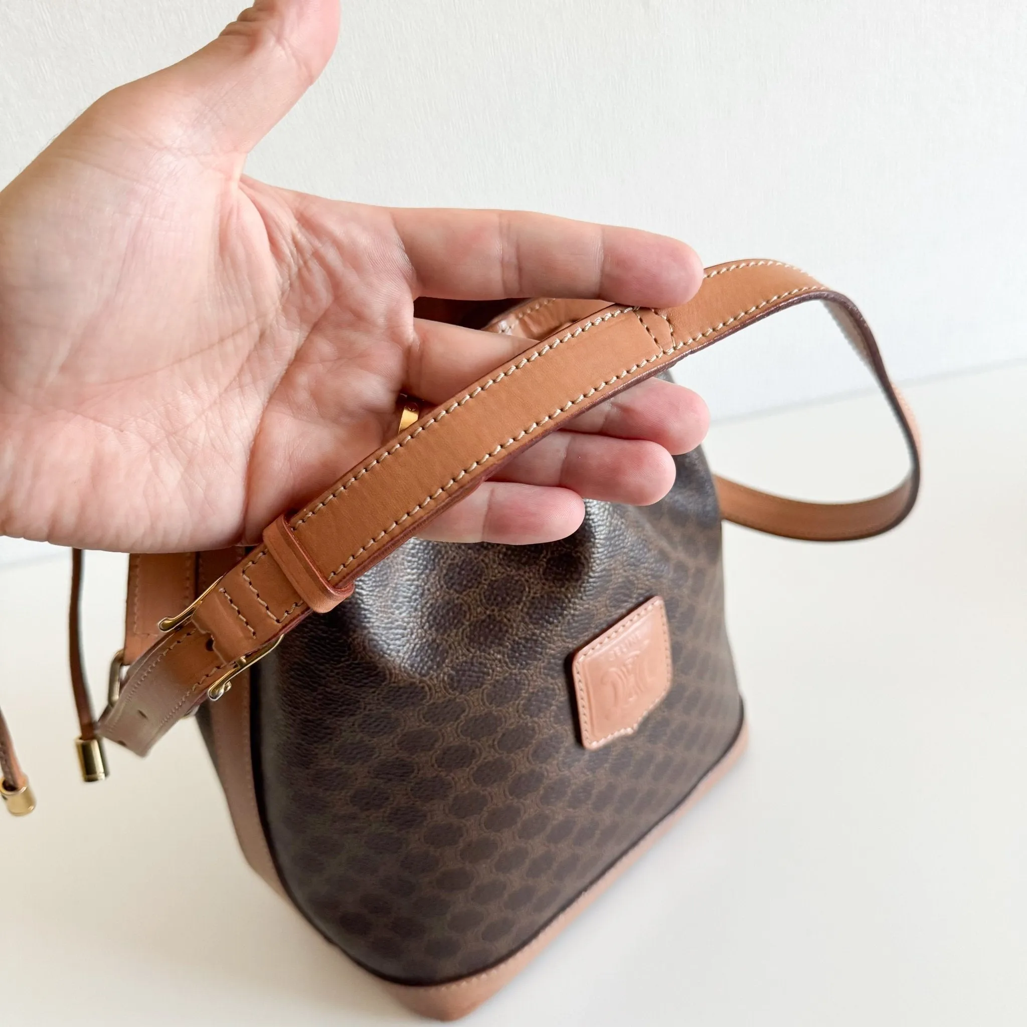 Macadam Triomphe Canvas Bucket Shoulder Bag Brown
