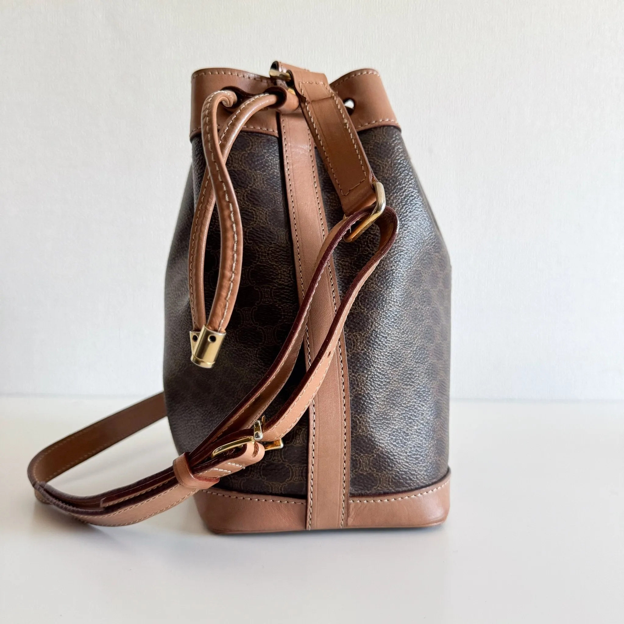 Macadam Triomphe Canvas Bucket Shoulder Bag Brown