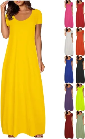 Maxi Dresses for Women 2025 Casual Short Sleeve Round Neck Summer Dresses Plus Size Loose Fit Long Beach Sundress