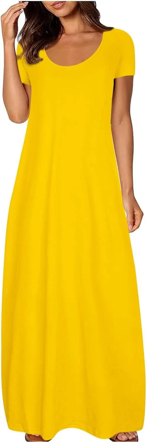 Maxi Dresses for Women 2025 Casual Short Sleeve Round Neck Summer Dresses Plus Size Loose Fit Long Beach Sundress