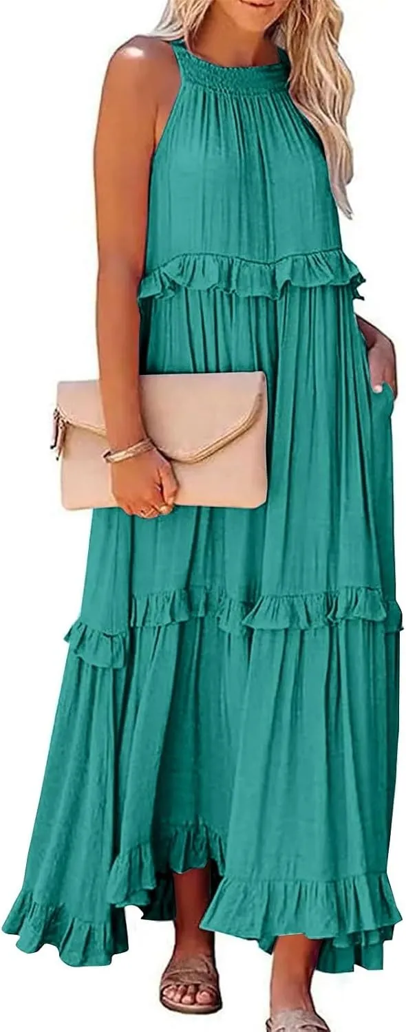 Maxi Dresses for Women 2025 Halter Neck Sleeveless Tiered Long Dress Flowy Comfy Smocked Ruffle Beach Sundresses
