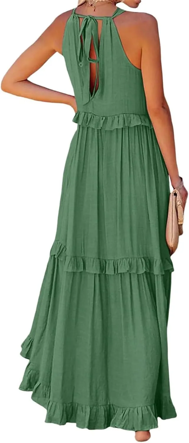 Maxi Dresses for Women 2025 Halter Neck Sleeveless Tiered Long Dress Flowy Comfy Smocked Ruffle Beach Sundresses