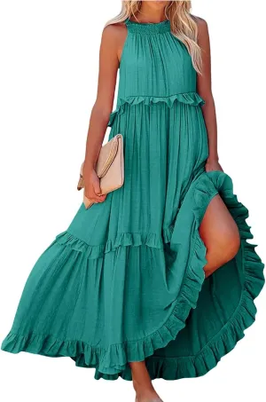 Maxi Dresses for Women 2025 Halter Neck Sleeveless Tiered Long Dress Flowy Comfy Smocked Ruffle Beach Sundresses