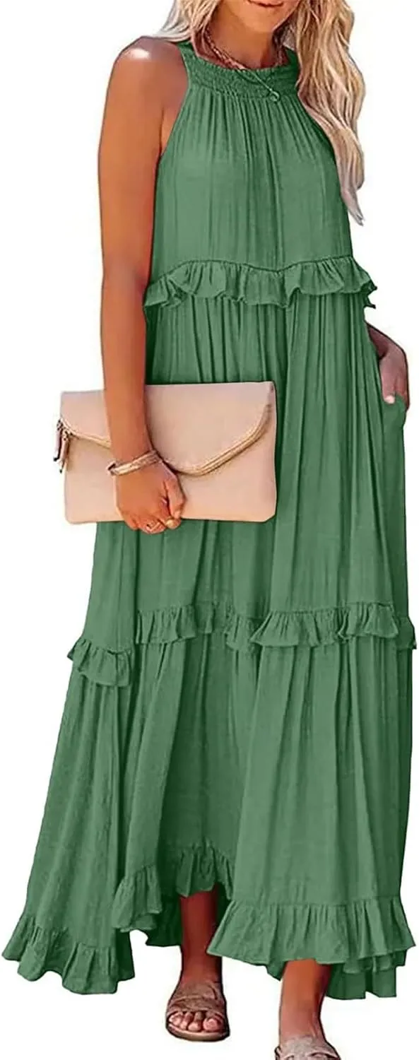 Maxi Dresses for Women 2025 Halter Neck Sleeveless Tiered Long Dress Flowy Comfy Smocked Ruffle Beach Sundresses