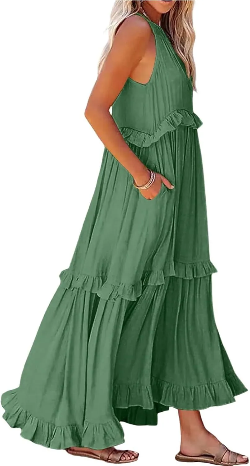Maxi Dresses for Women 2025 Halter Neck Sleeveless Tiered Long Dress Flowy Comfy Smocked Ruffle Beach Sundresses