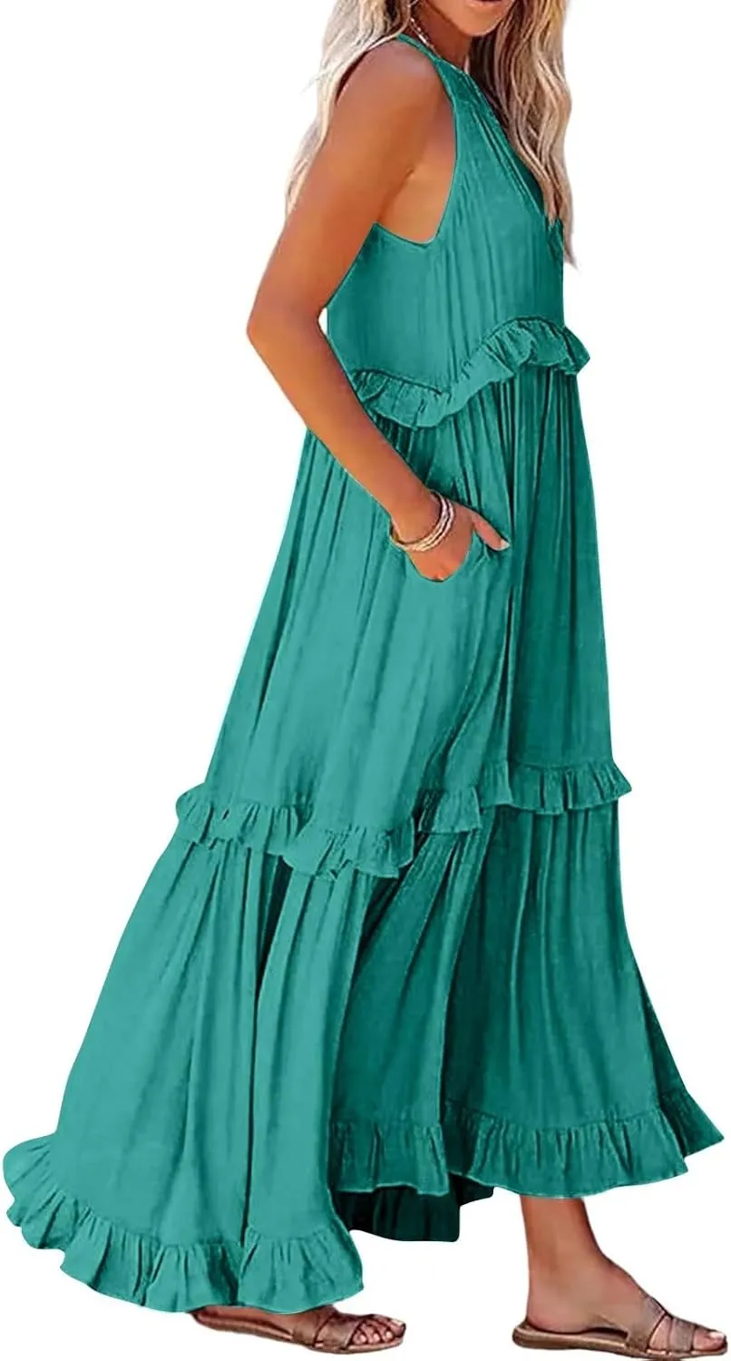 Maxi Dresses for Women 2025 Halter Neck Sleeveless Tiered Long Dress Flowy Comfy Smocked Ruffle Beach Sundresses