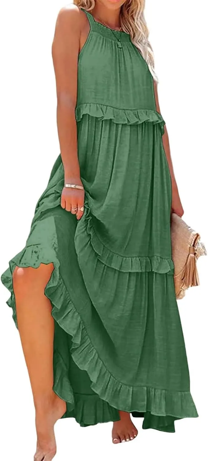 Maxi Dresses for Women 2025 Halter Neck Sleeveless Tiered Long Dress Flowy Comfy Smocked Ruffle Beach Sundresses