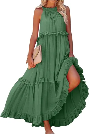 Maxi Dresses for Women 2025 Halter Neck Sleeveless Tiered Long Dress Flowy Comfy Smocked Ruffle Beach Sundresses