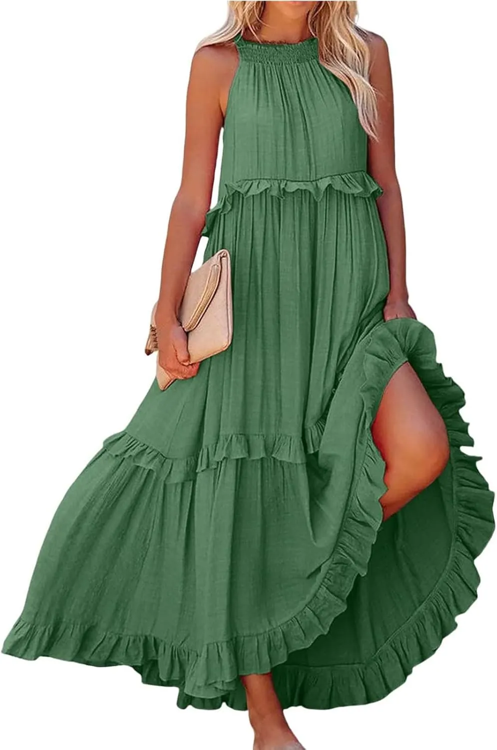 Maxi Dresses for Women 2025 Halter Neck Sleeveless Tiered Long Dress Flowy Comfy Smocked Ruffle Beach Sundresses