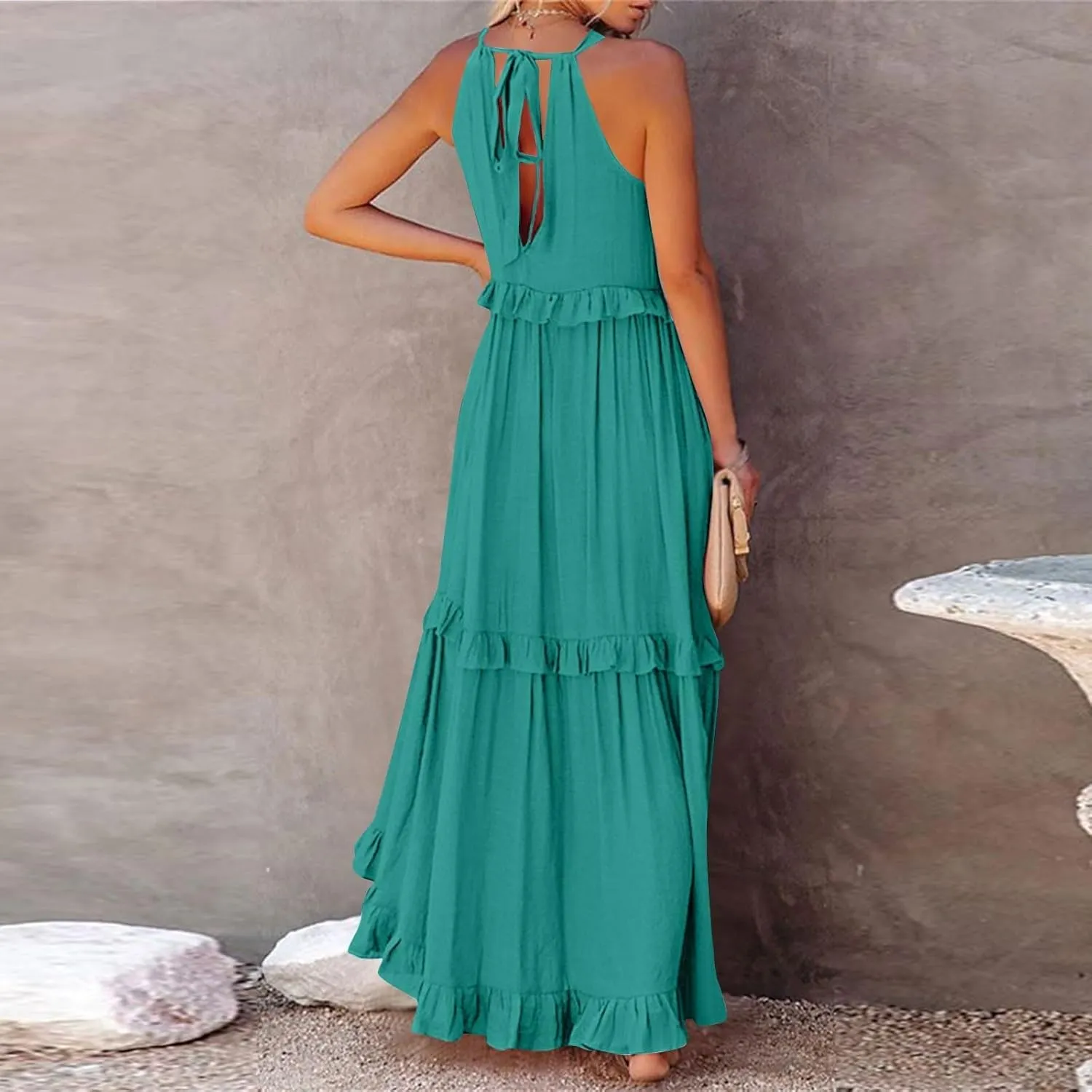Maxi Dresses for Women 2025 Halter Neck Sleeveless Tiered Long Dress Flowy Comfy Smocked Ruffle Beach Sundresses