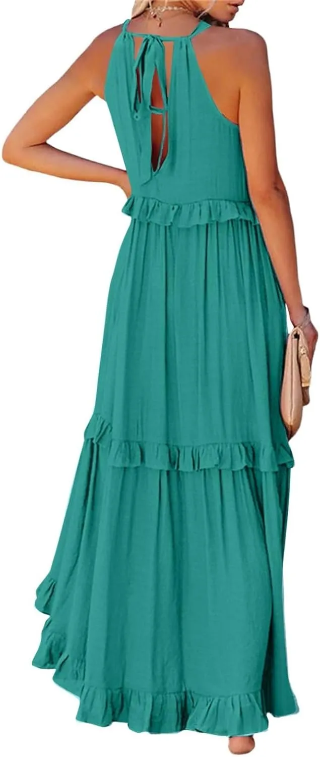 Maxi Dresses for Women 2025 Halter Neck Sleeveless Tiered Long Dress Flowy Comfy Smocked Ruffle Beach Sundresses